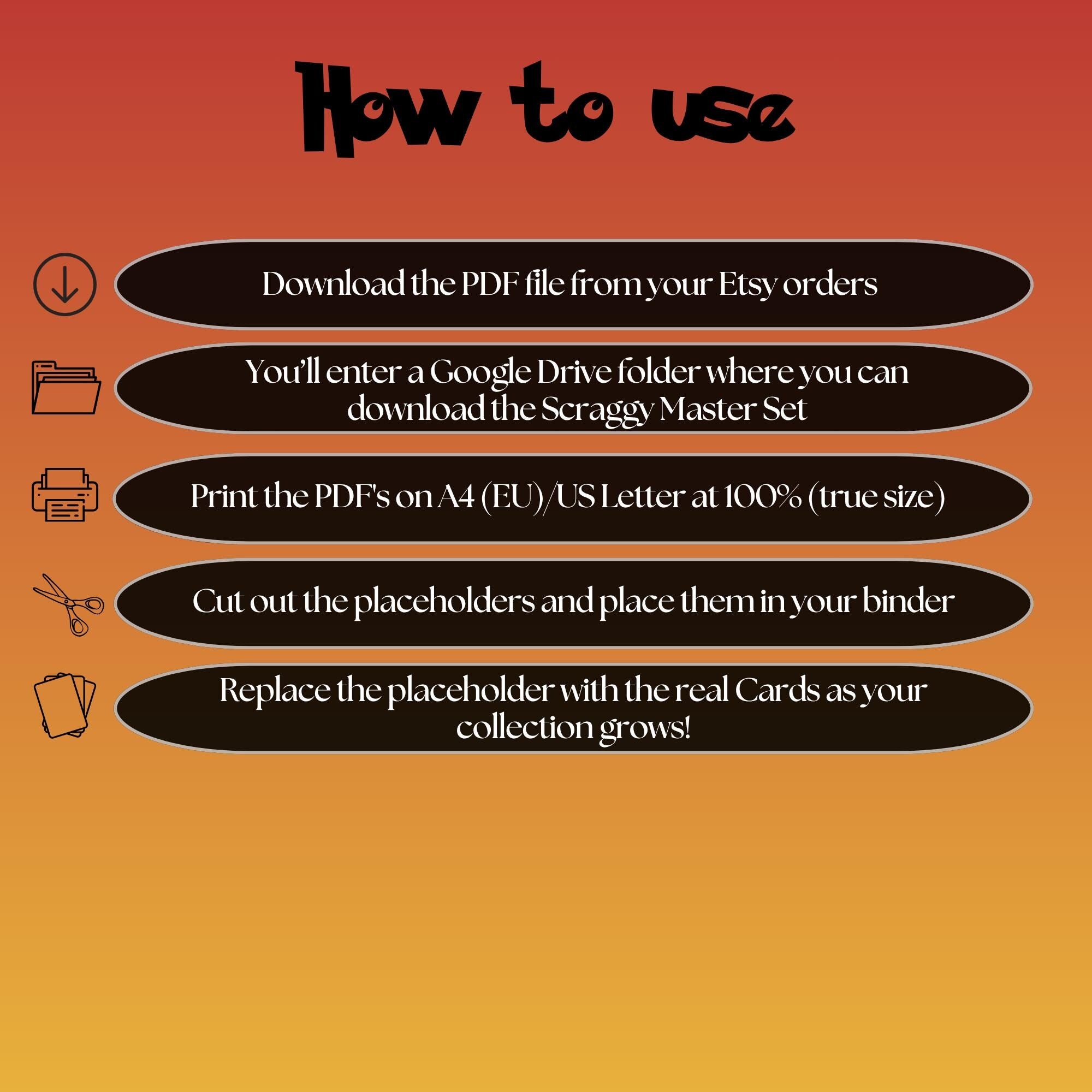 Scraggy cards digital download instructions explaining how to print, cut, and place placeholders in a Pokémon binder.