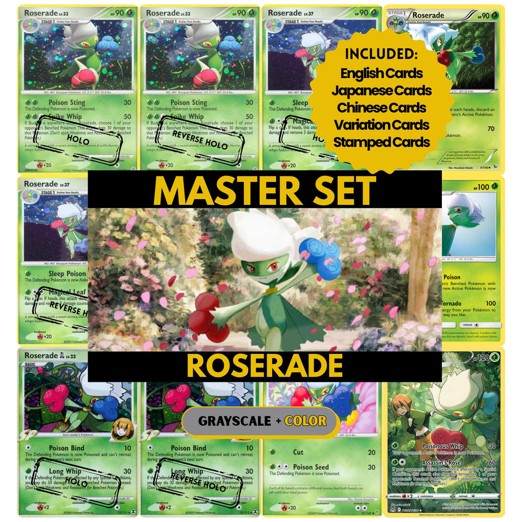 Roserade binder pages set showing grayscale and color Pokémon cards, designed as a digital download to complete a collector’s binder.