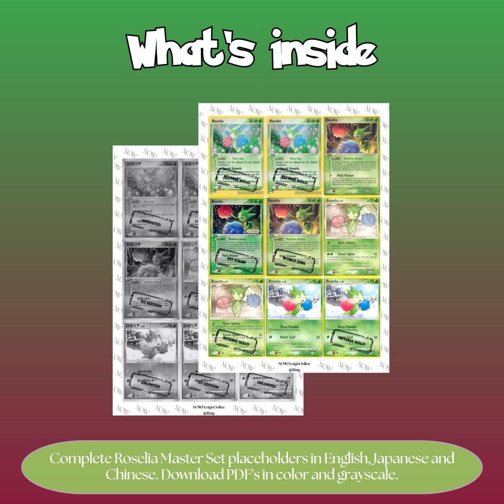 Roselia binder pages set overview showing the included Pokémon cards to print and cut for your binder sleeves.