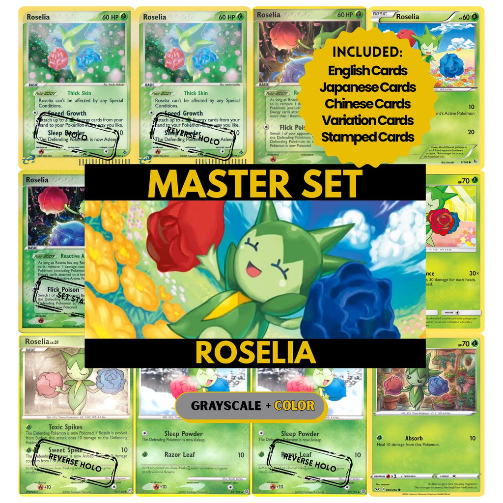 Roselia binder pages set showing grayscale and color Pokémon cards, designed as a digital download to complete a collector's binder.