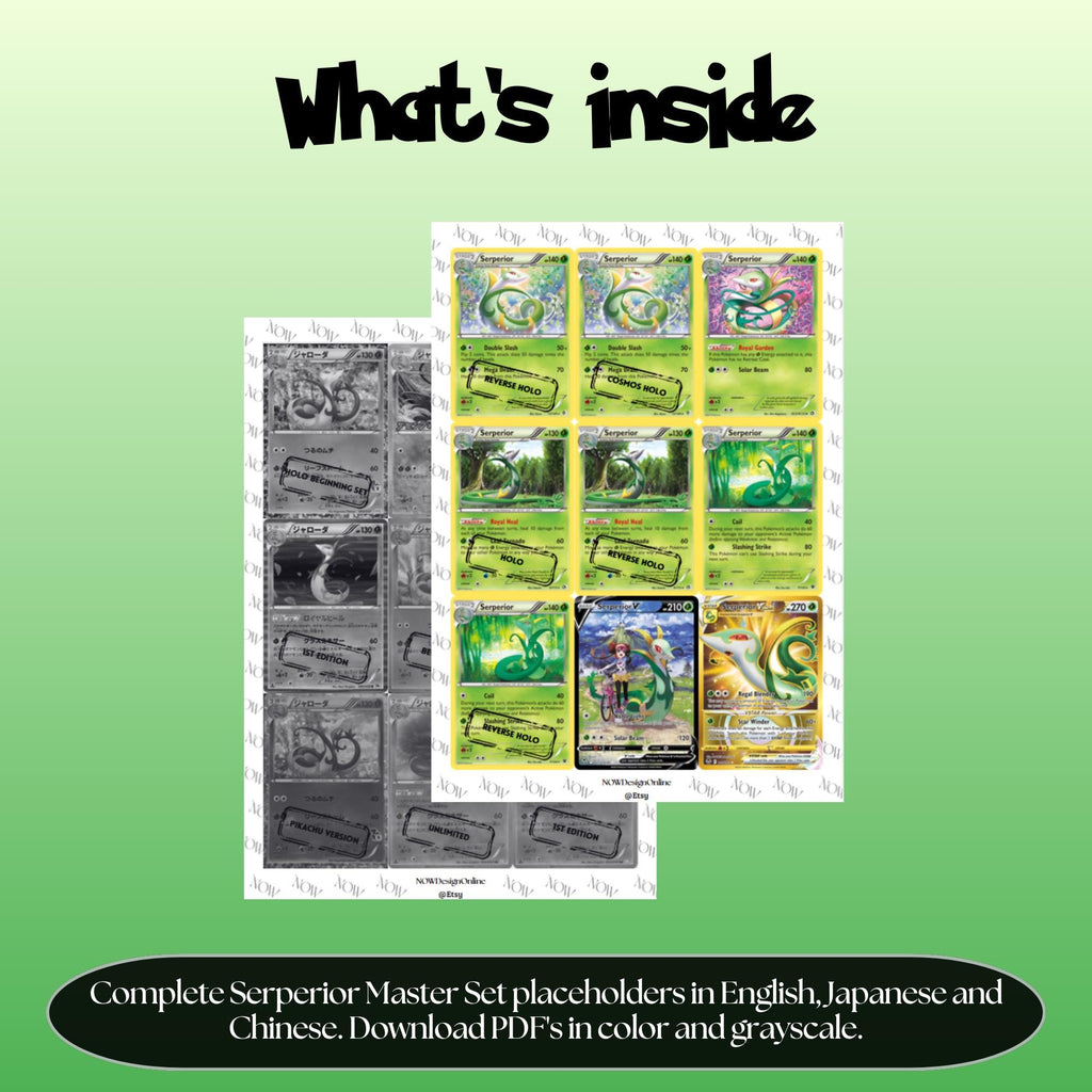 Serperior binder pages set overview showing the included Pokémon cards to print and cut for your binder sleeves.