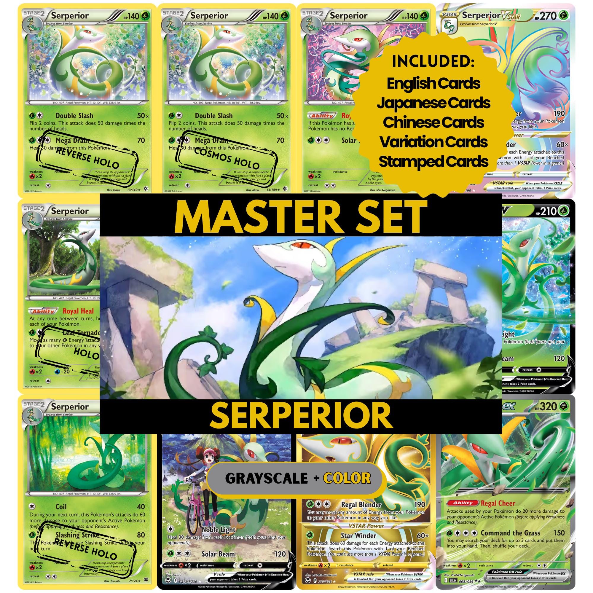 Serperior binder pages set showing grayscale and color Pokémon cards, designed as a digital download to complete a collector’s binder.