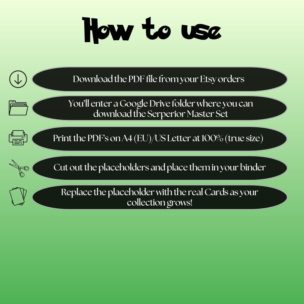 Serperior cards digital download instructions explaining how to print, cut, and place placeholders in a Pokémon binder.