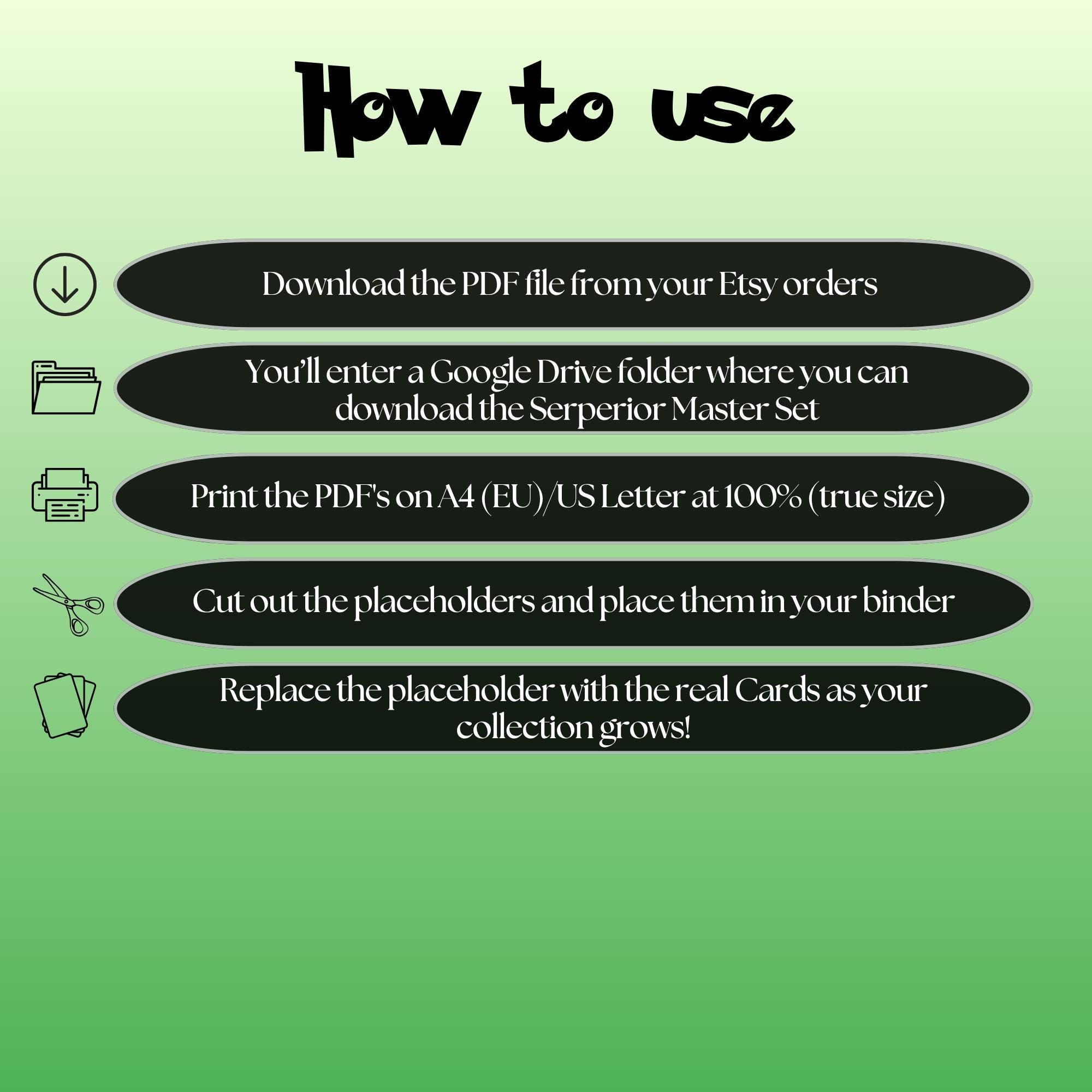 Serperior cards digital download instructions explaining how to print, cut, and place placeholders in a Pokémon binder.