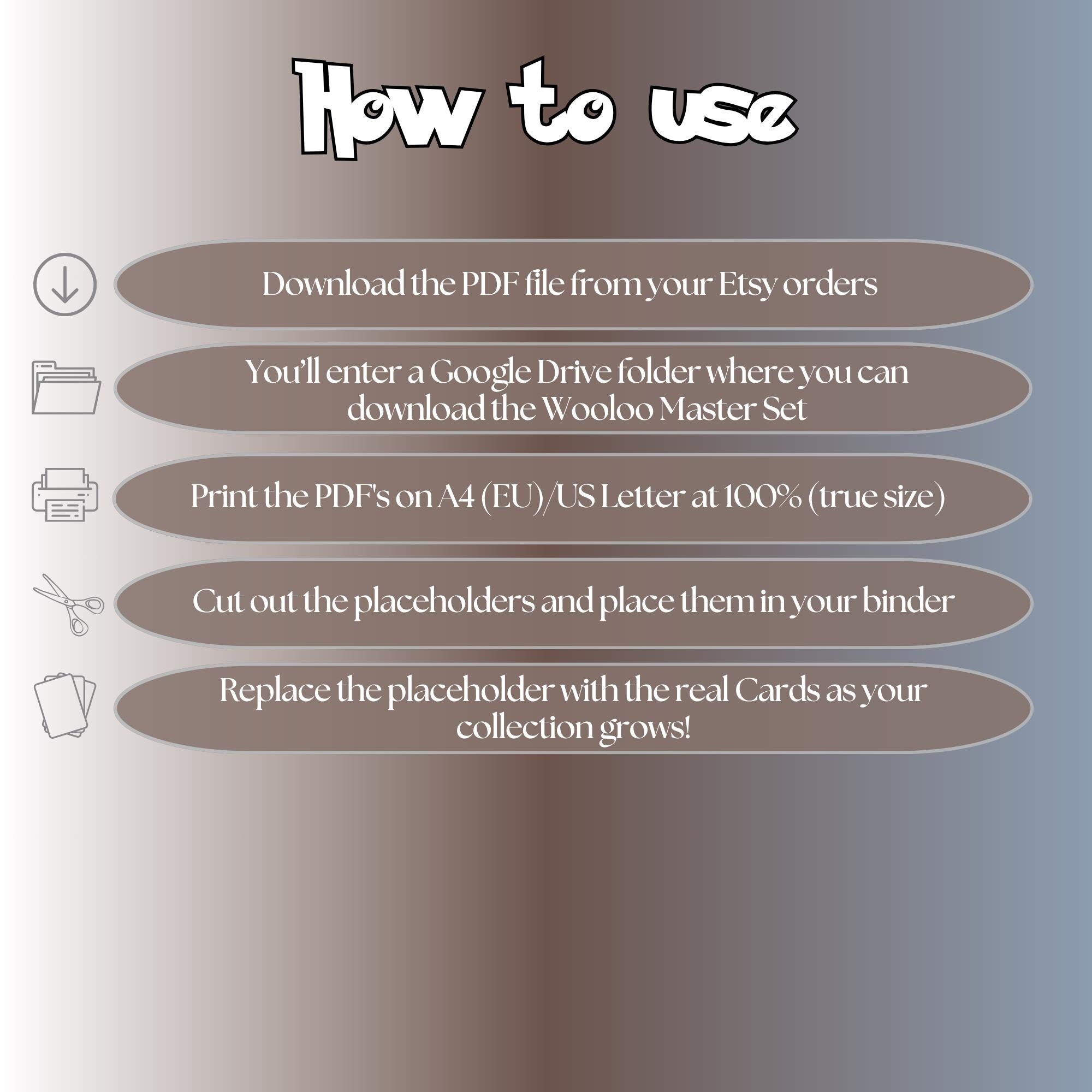 Wooloo cards digital download instructions explaining how to print, cut, and place placeholders in a Pokémon binder.