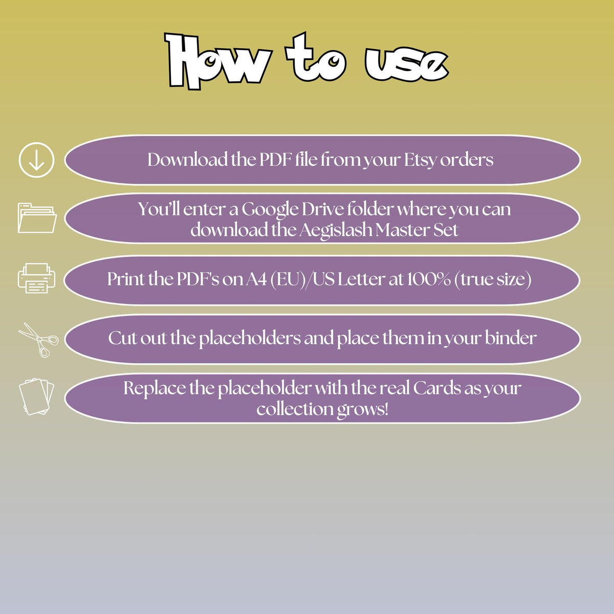 Aegislash cards digital download instructions explaining how to print, cut, and place placeholders in a Pokémon binder.