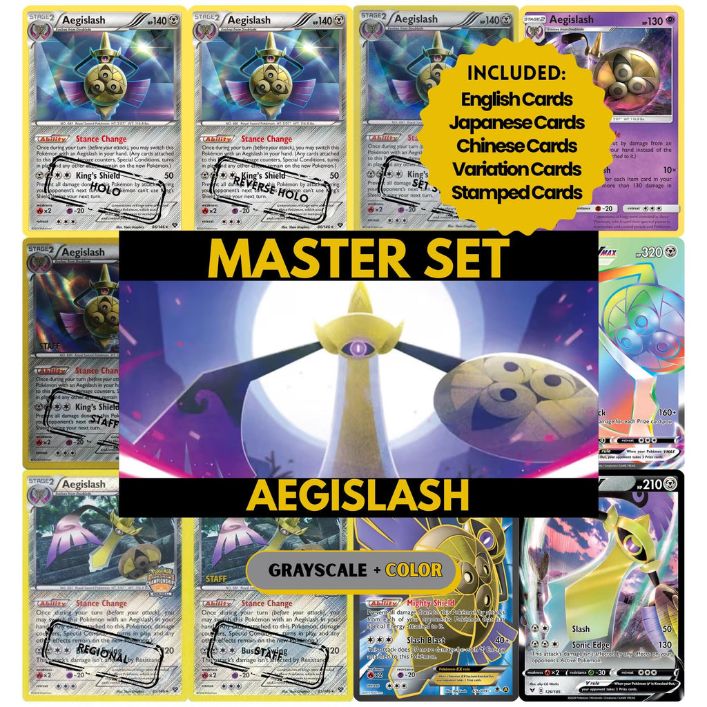 Aegislash binder pages set showing grayscale and color Pokémon cards, designed as a digital download to complete a collector’s binder.