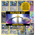 Aegislash binder pages set showing grayscale and color Pokémon cards, designed as a digital download to complete a collector’s binder.