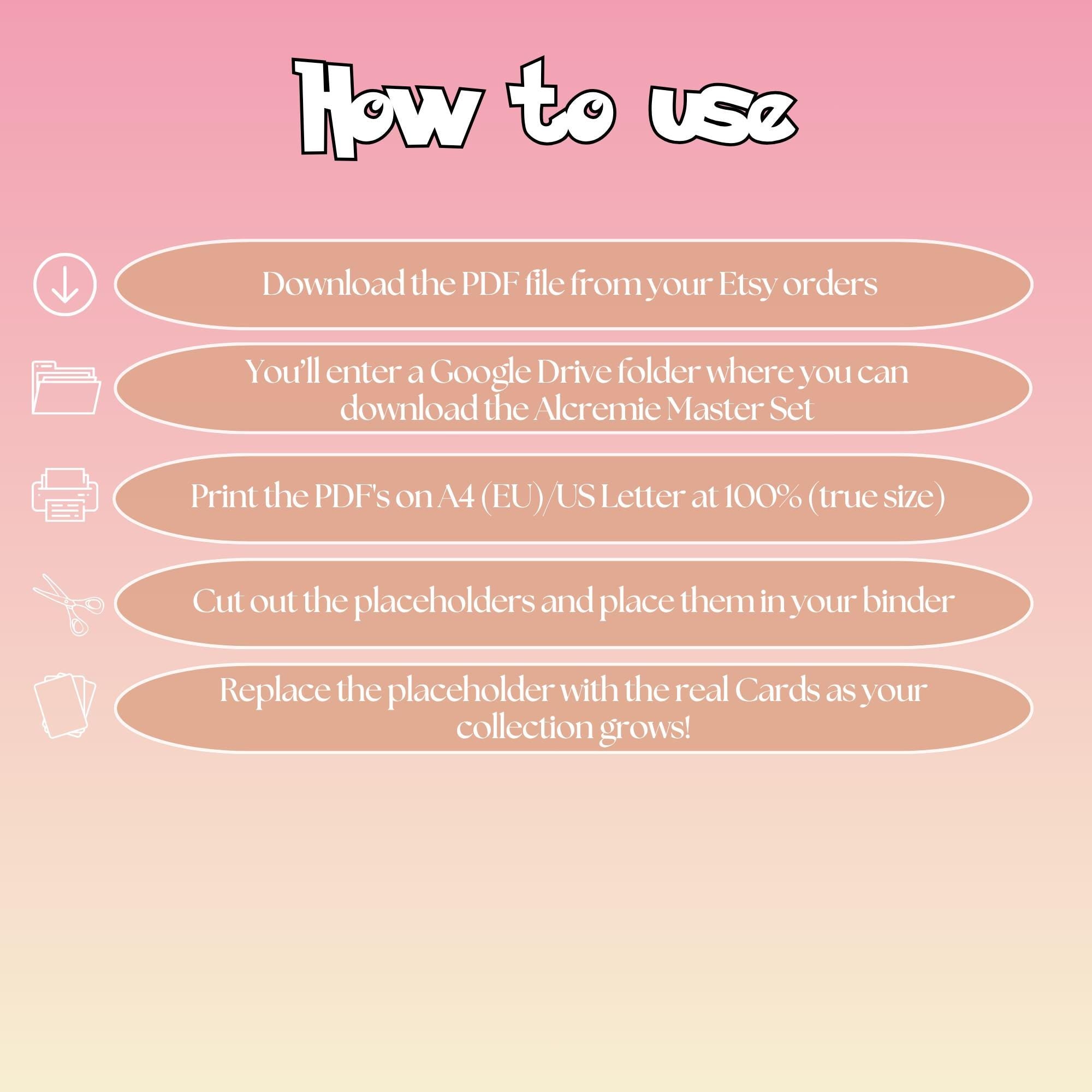 Alcremie cards digital download instructions explaining how to print, cut, and place placeholders in a Pokémon binder.