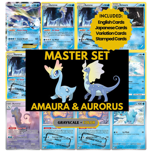 Amaura & Aurorus binder pages set showing grayscale and color Pokémon cards, designed as a digital download to complete a collector’s binder.