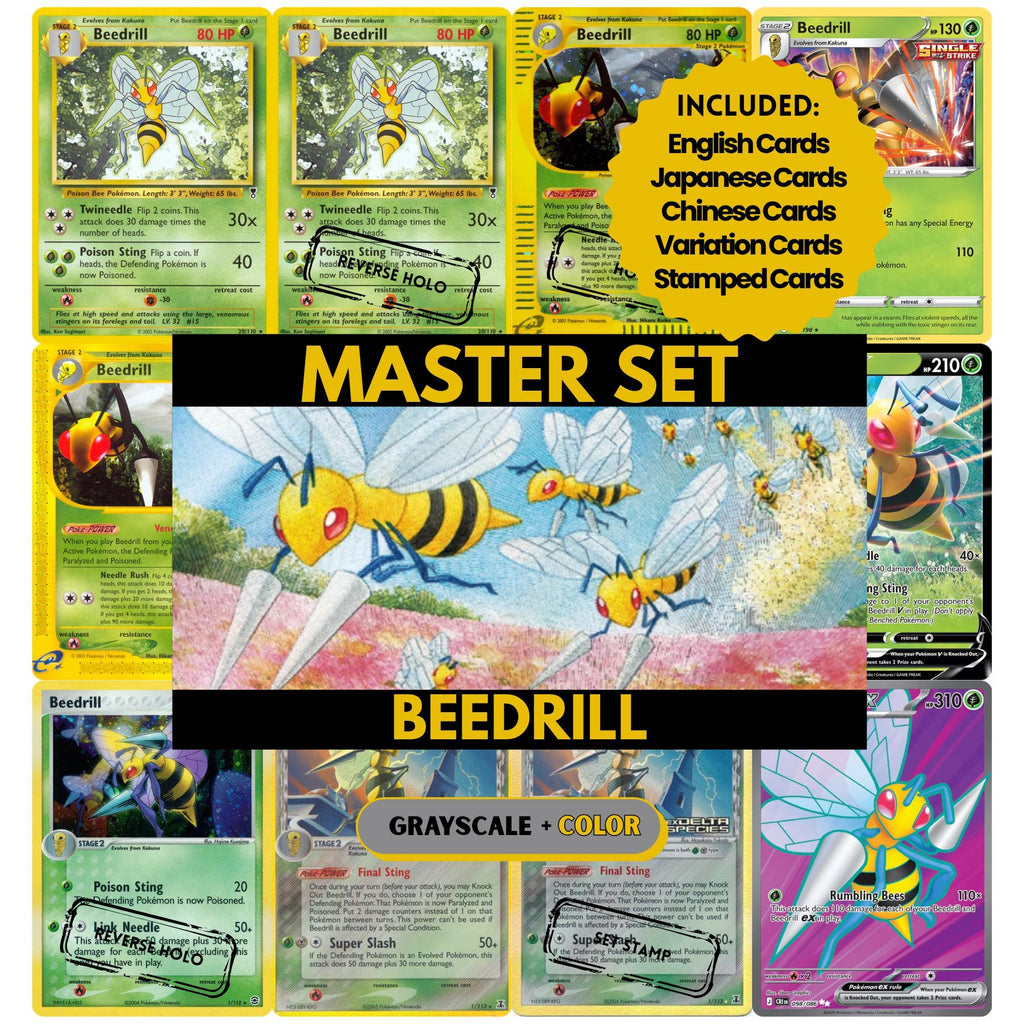 Beedrill binder pages set showing grayscale and color Pokémon cards, designed as a digital download to complete a collector's binder.