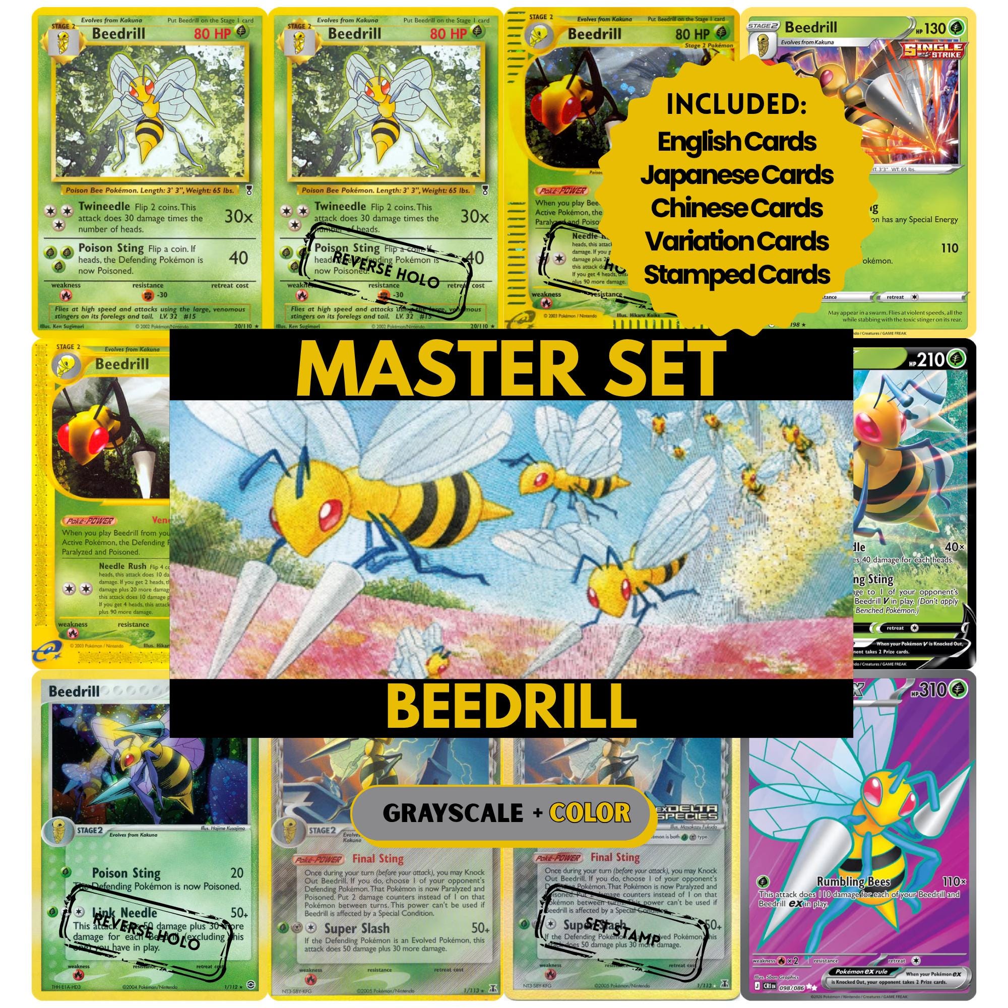 Beedrill binder pages set showing grayscale and color Pokémon cards, designed as a digital download to complete a collector's binder.
