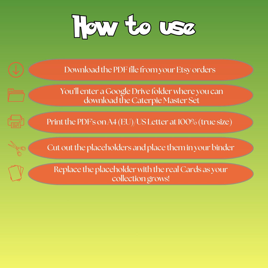 Caterpie cards digital download instructions explaining how to print, cut, and place placeholders in a Pokémon binder.