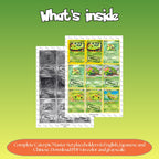 Caterpie binder pages set overview showing the included Pokémon cards to print and cut for your binder sleeves.