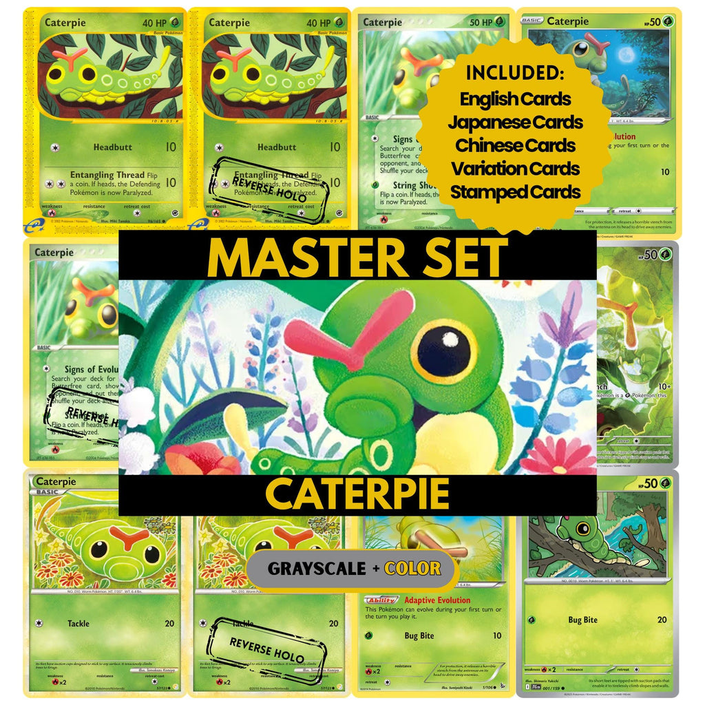Caterpie binder pages set showing grayscale and color Pokémon cards, designed as a digital download to complete a collector’s binder.