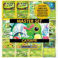 Caterpie binder pages set showing grayscale and color Pokémon cards, designed as a digital download to complete a collector’s binder.