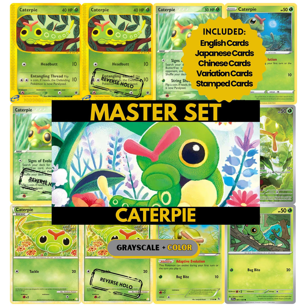 Caterpie binder pages set showing grayscale and color Pokémon cards, designed as a digital download to complete a collector’s binder.