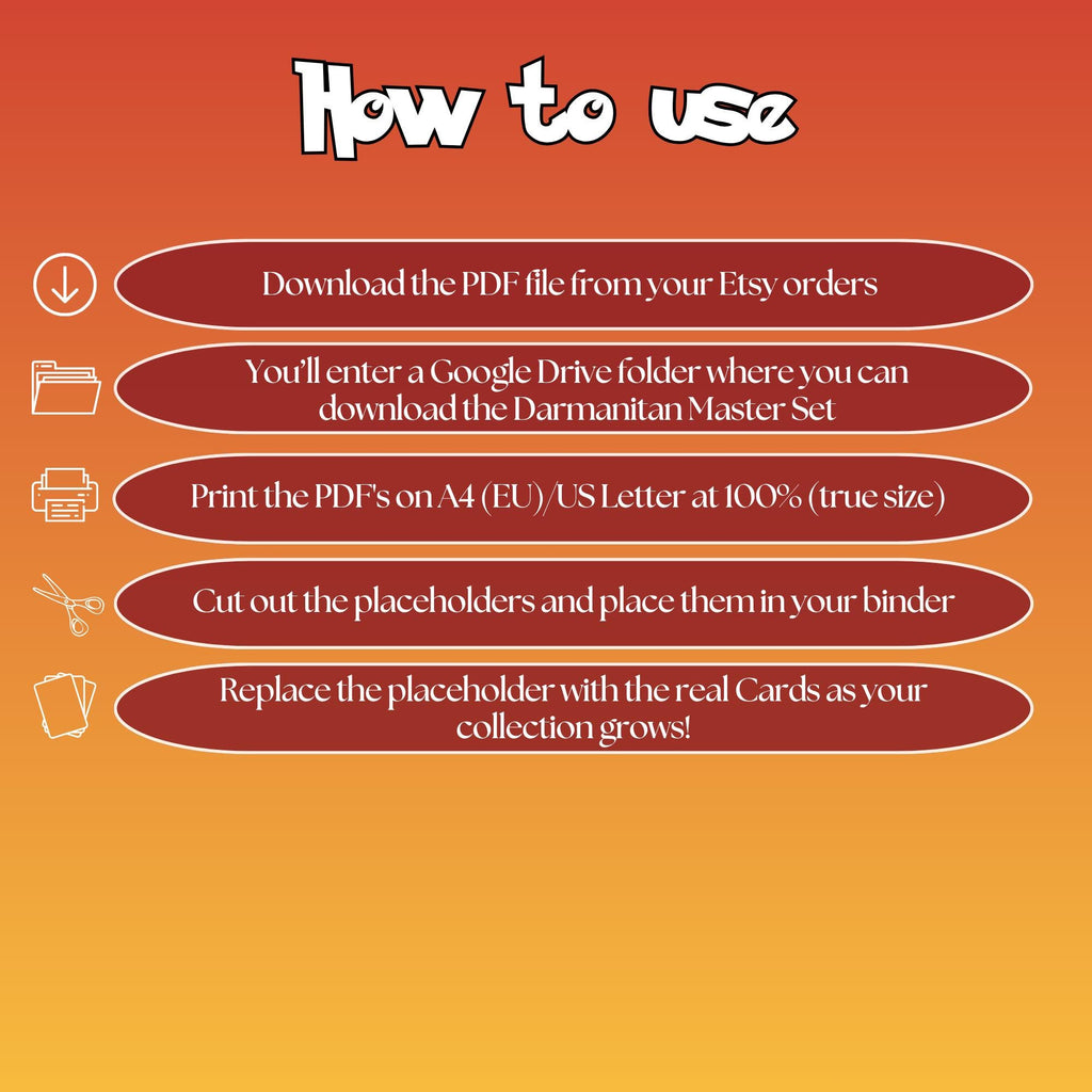 Darmanitan cards digital download instructions explaining how to print, cut, and place placeholders in a Pokémon binder.
