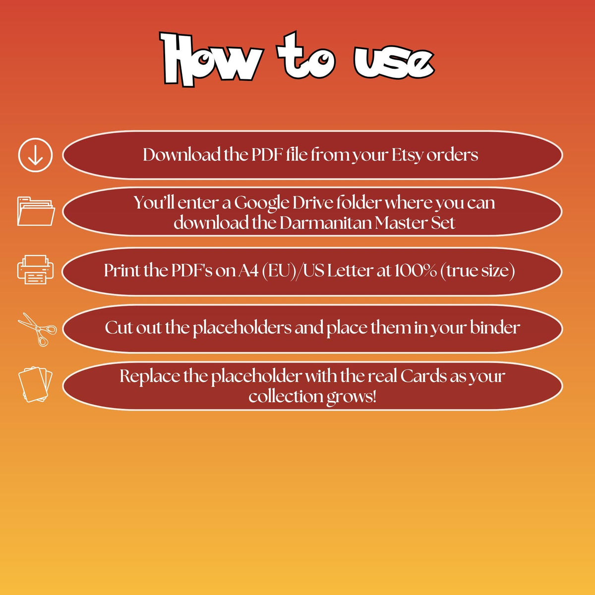 Darmanitan cards digital download instructions explaining how to print, cut, and place placeholders in a Pokémon binder.