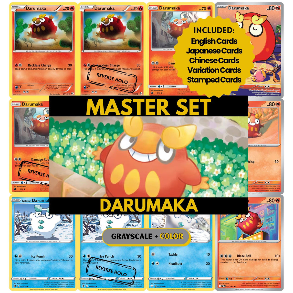 Darumaka binder pages set showing grayscale and color Pokémon cards, designed as a digital download to complete a collector’s binder.