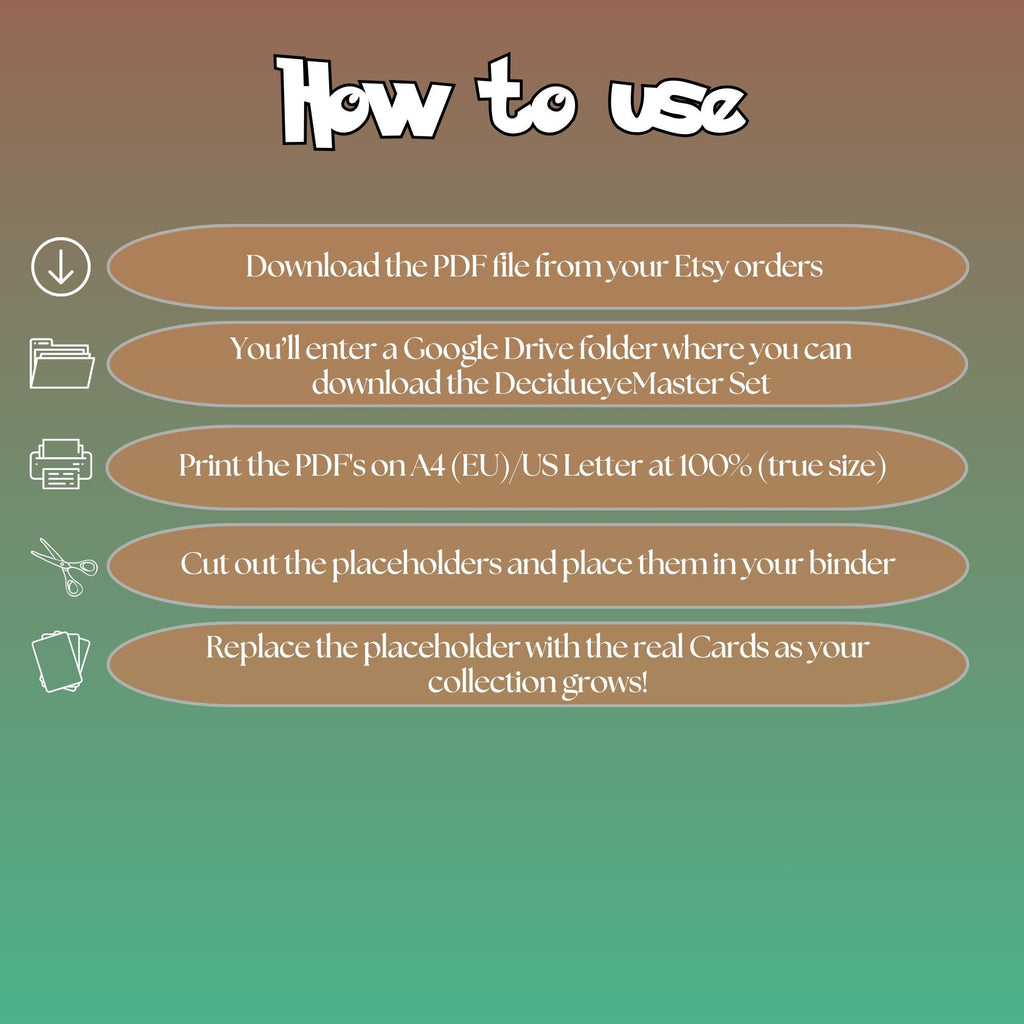 Decidueye cards digital download instructions explaining how to print, cut, and place placeholders in a Pokémon binder.