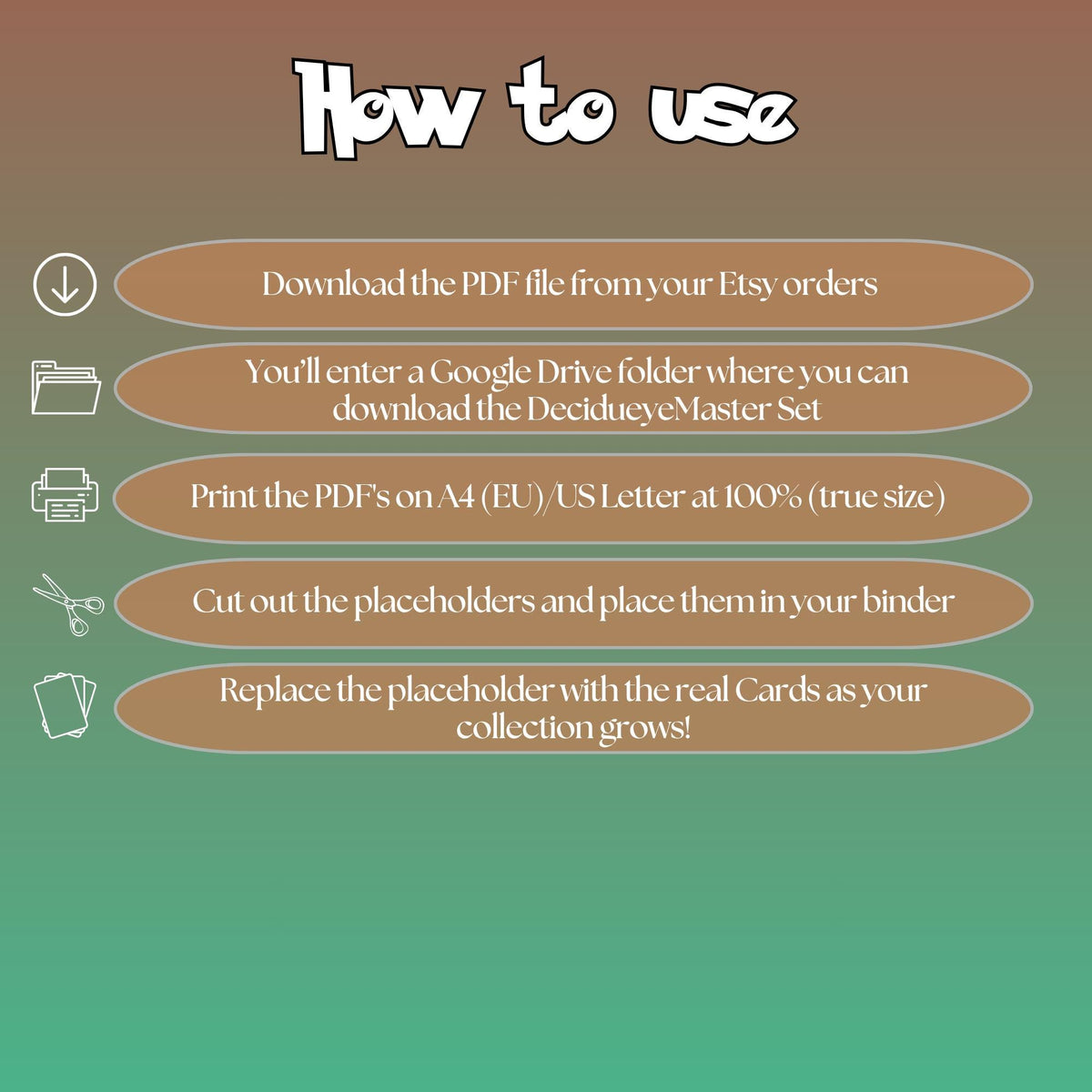 Decidueye cards digital download instructions explaining how to print, cut, and place placeholders in a Pokémon binder.