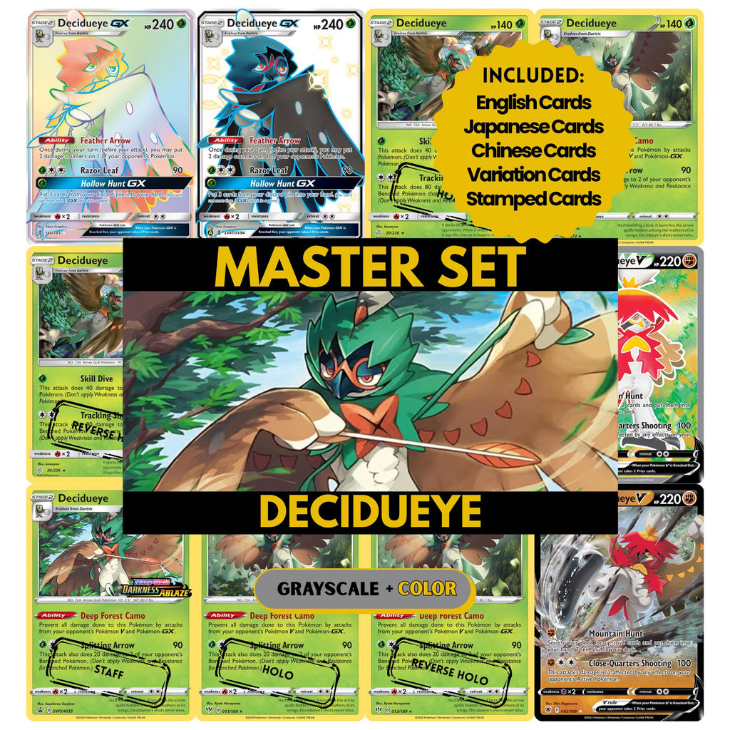 Decidueye binder pages set showing grayscale and color Pokémon cards, designed as a digital download to complete a collector’s binder.