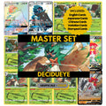 Decidueye binder pages set showing grayscale and color Pokémon cards, designed as a digital download to complete a collector’s binder.
