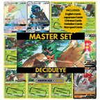 Decidueye binder pages set showing grayscale and color Pokémon cards, designed as a digital download to complete a collector’s binder.