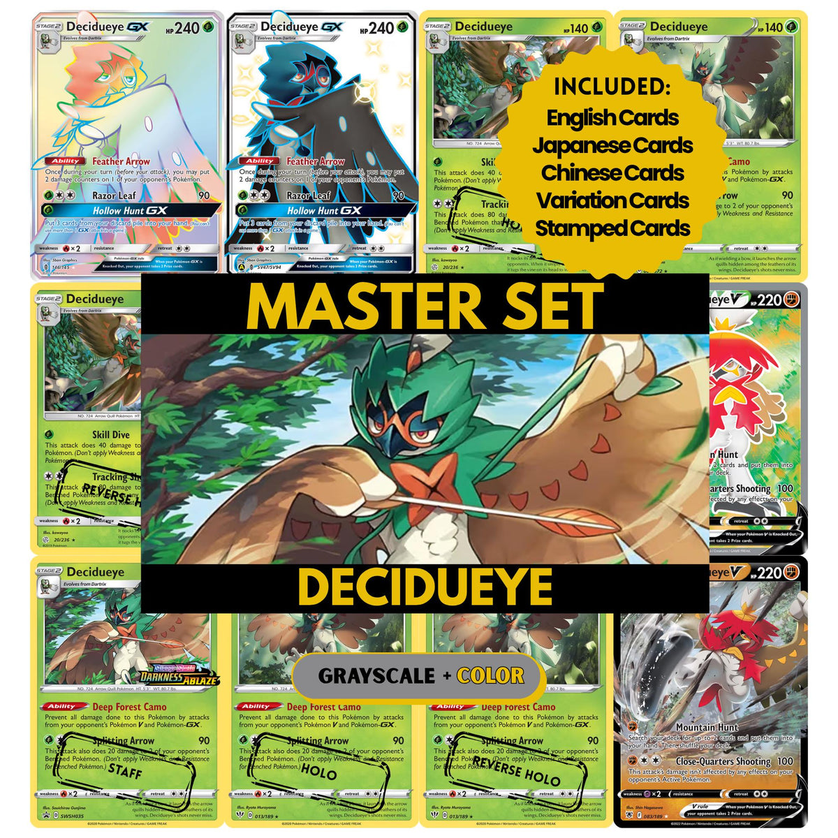 Decidueye binder pages set showing grayscale and color Pokémon cards, designed as a digital download to complete a collector’s binder.