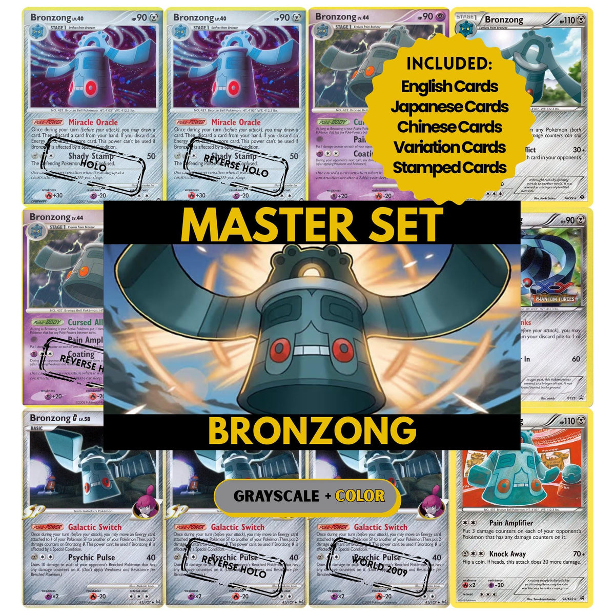 Bronzong binder pages set showing grayscale and color Pokémon cards, designed as a digital download to complete a collector’s binder.