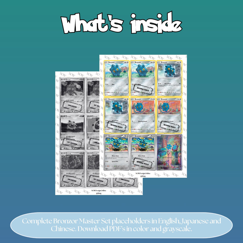 Bronzor binder pages set overview showing the included Pokémon cards to print and cut for your binder sleeves.