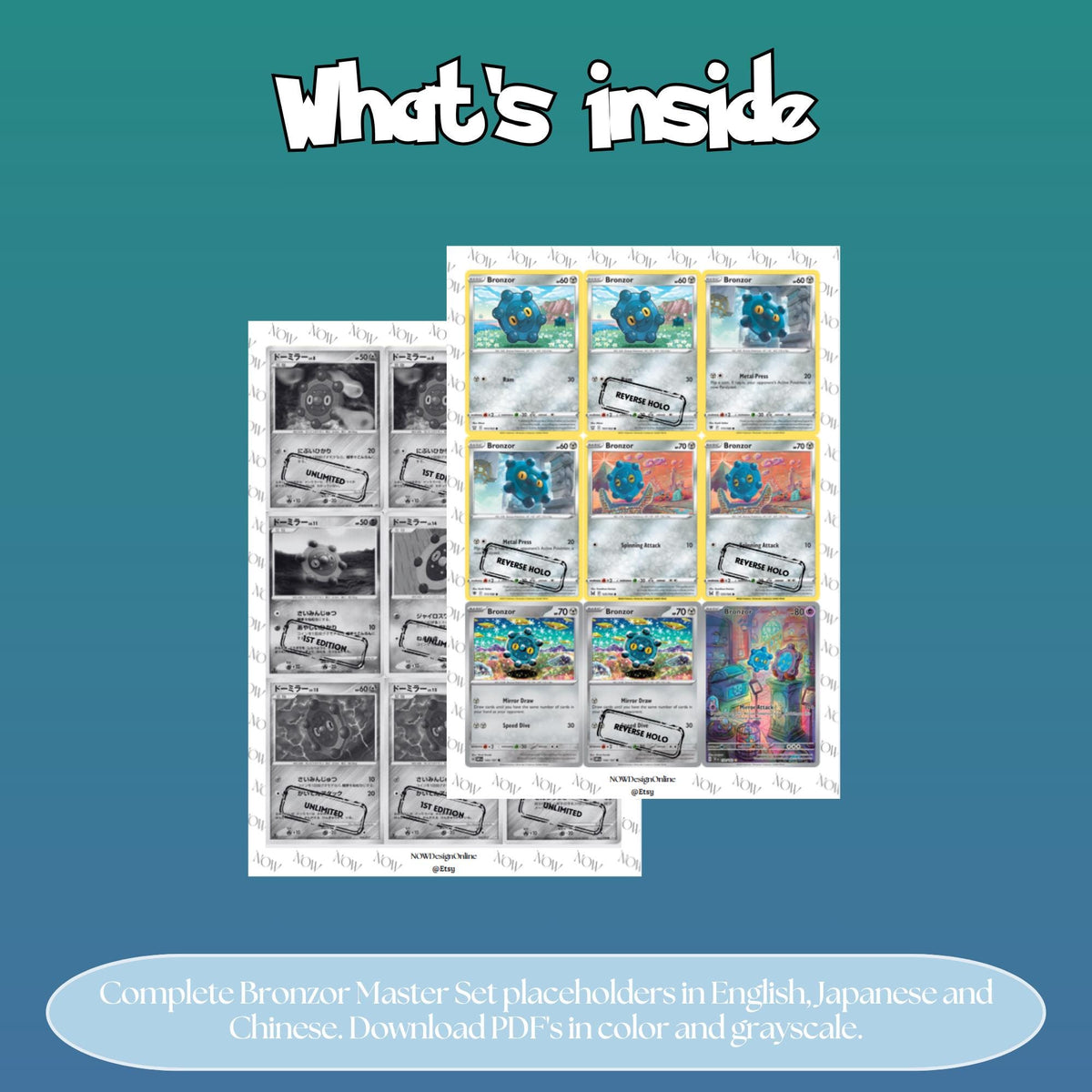 Bronzor binder pages set overview showing the included Pokémon cards to print and cut for your binder sleeves.