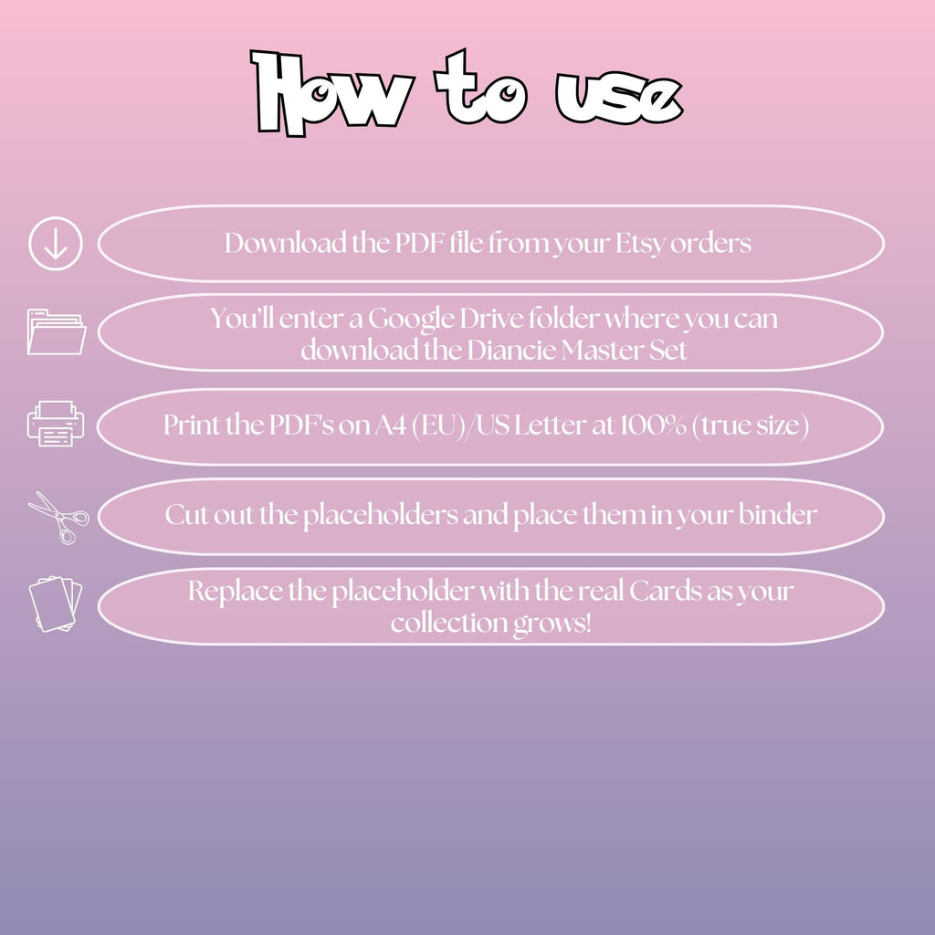 Diancie cards digital download instructions explaining how to print, cut, and place placeholders in a Pokémon binder.
