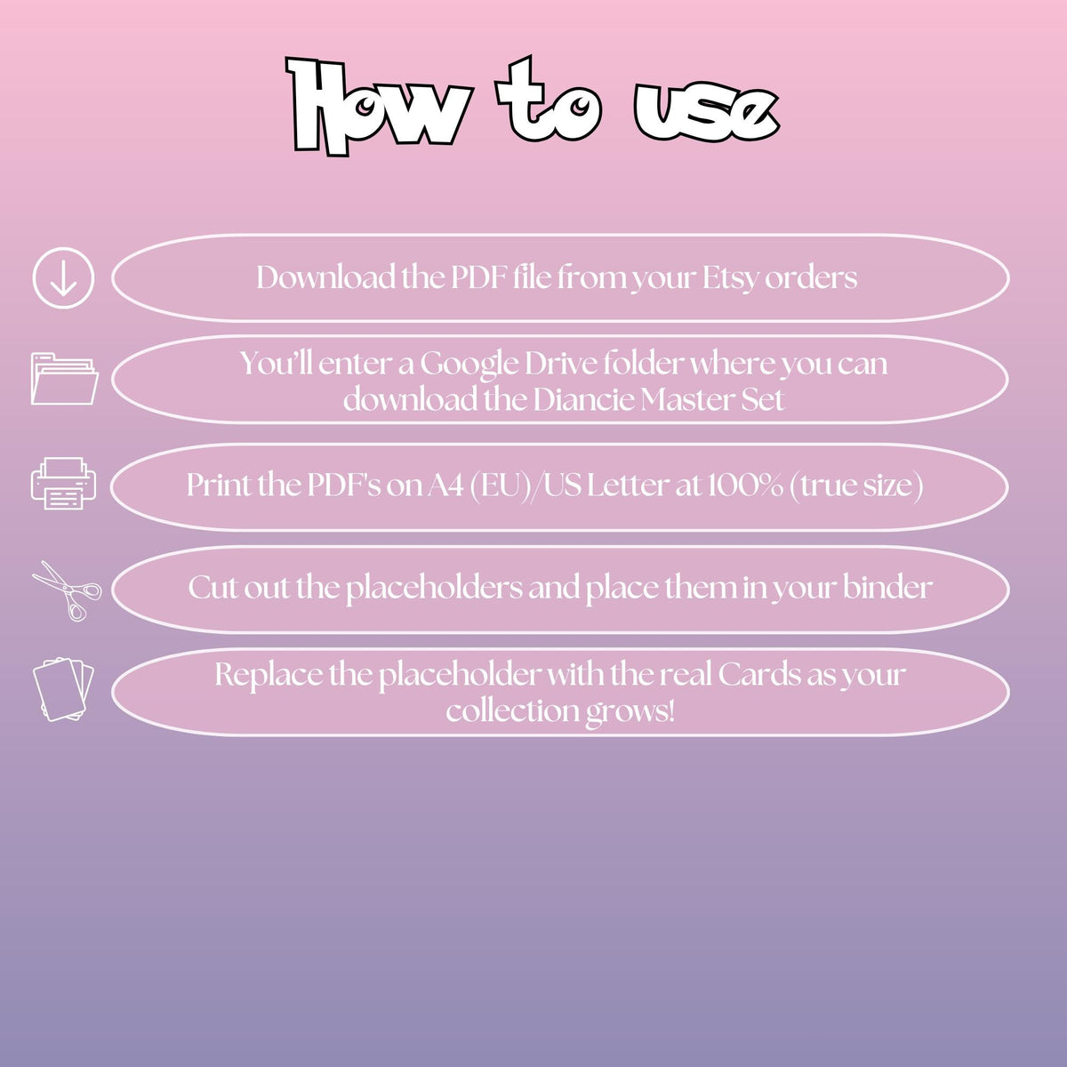 Diancie cards digital download instructions explaining how to print, cut, and place placeholders in a Pokémon binder.