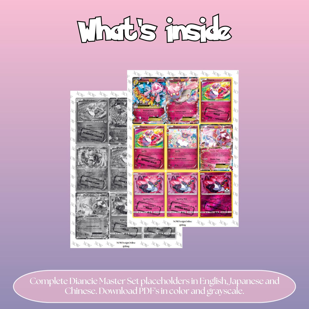 Diancie binder pages set overview showing the included Pokémon cards to print and cut for your binder sleeves.