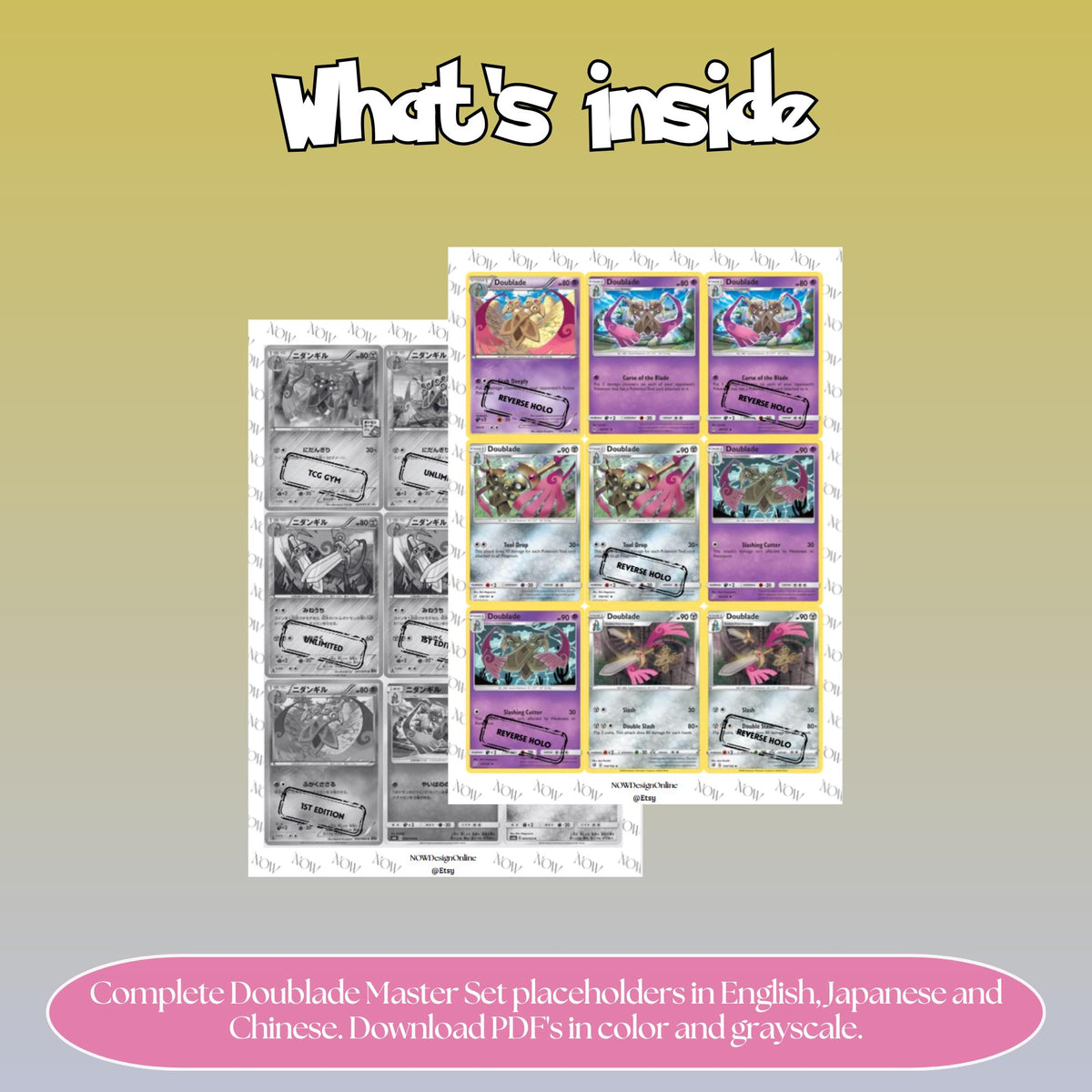 Doublade binder pages set overview showing the included Pokémon cards to print and cut for your binder sleeves.