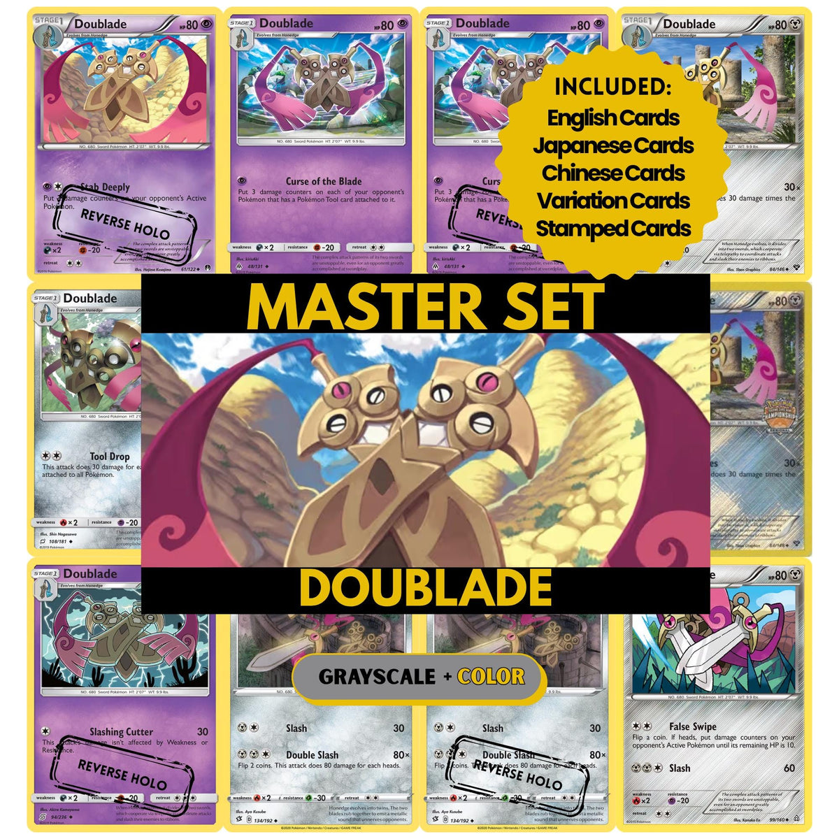 Doublade binder pages set showing grayscale and color Pokémon cards, designed as a digital download to complete a collector’s binder.