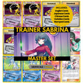 Trainer Sabrina Master Set binder pages set showing Pokémon placeholders in grayscale and color, designed as a digital download to complete a collector’s binder.