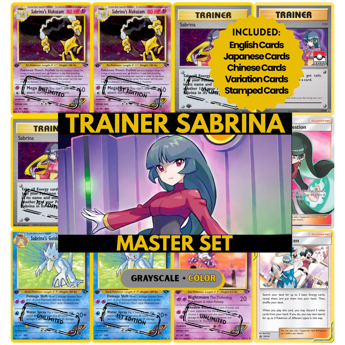 Trainer Sabrina Master Set binder pages set showing Pokémon placeholders in grayscale and color, designed as a digital download to complete a collector’s binder.