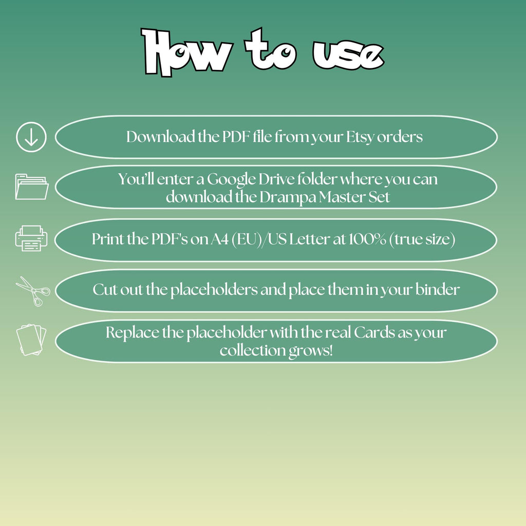 Drampa cards digital download instructions explaining how to print, cut, and place placeholders in a Pokémon binder.
