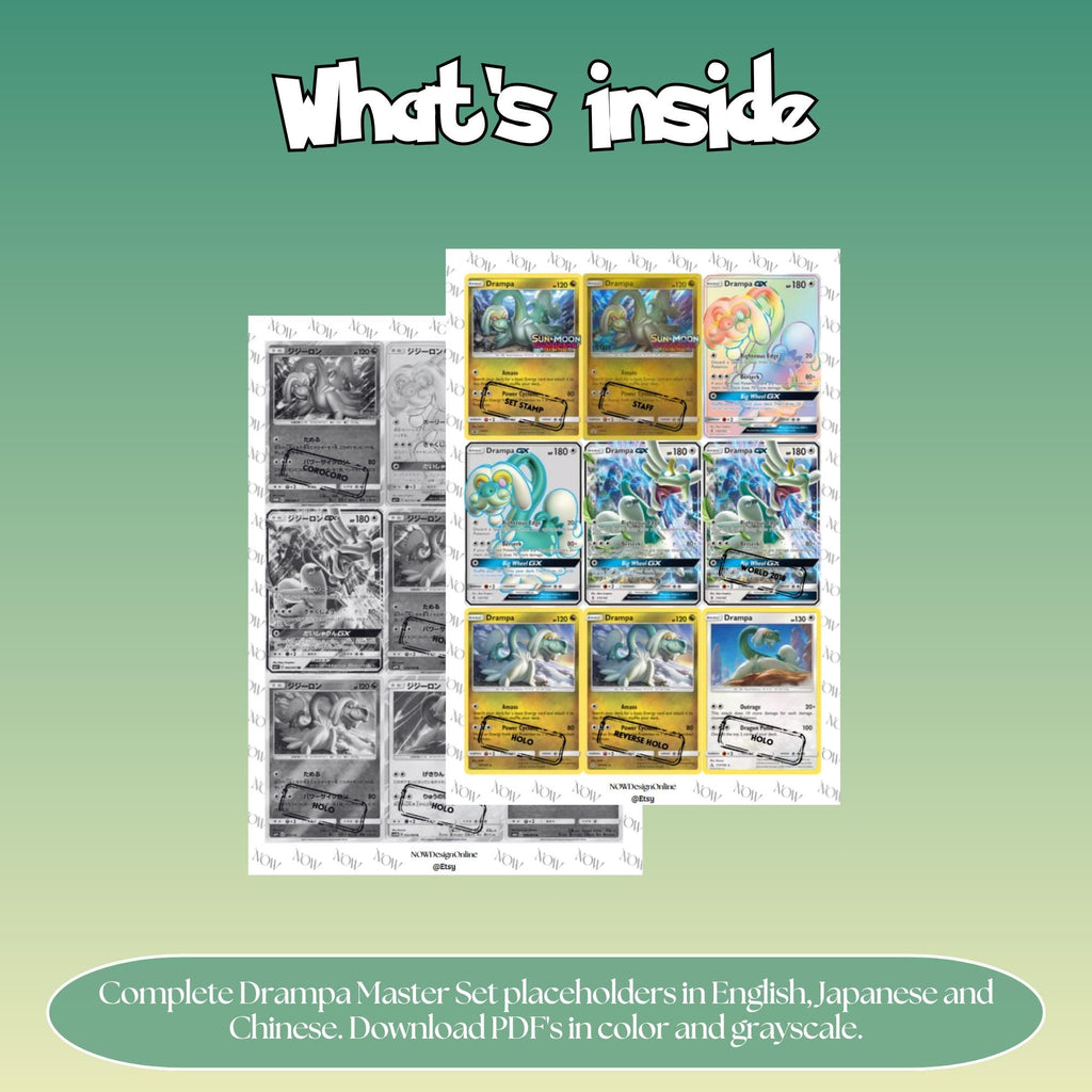 Drampa binder pages set overview showing the included Pokémon cards to print and cut for your binder sleeves.