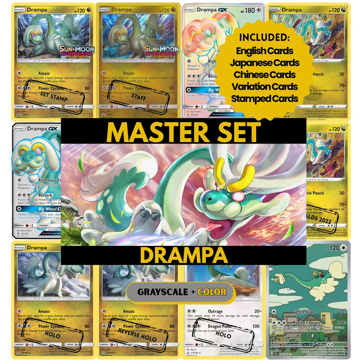 Drampa binder pages set showing grayscale and color Pokémon cards, designed as a digital download to complete a collector’s binder.