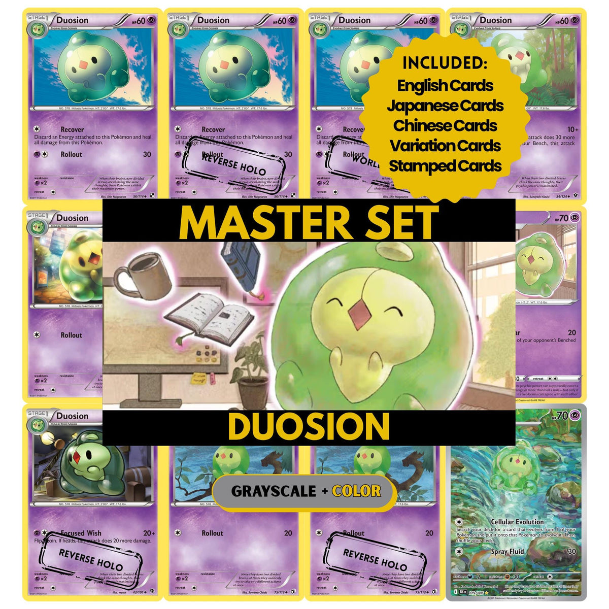 Duosion binder pages set showing grayscale and color Pokémon cards, designed as a digital download to complete a collector’s binder.