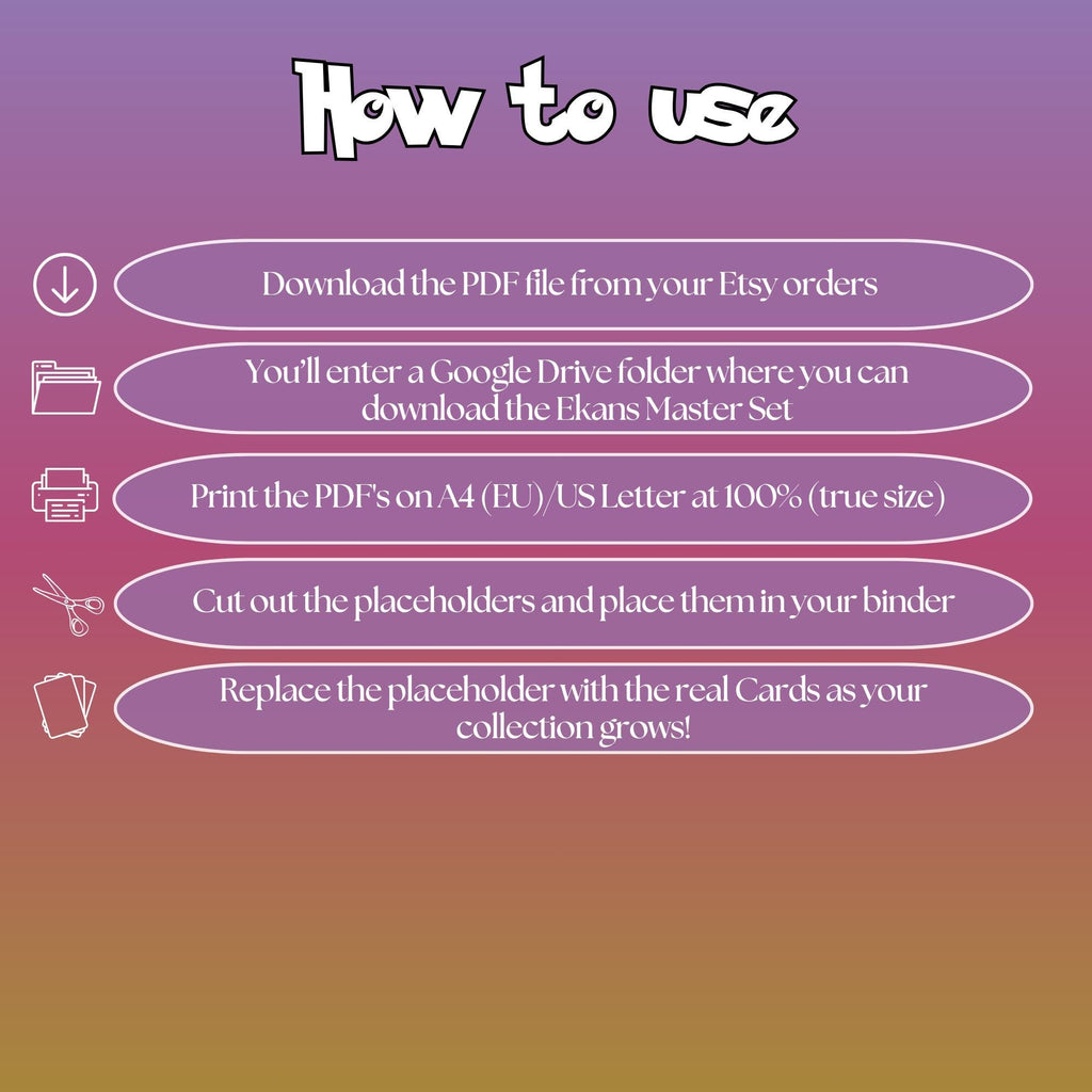Ekans cards digital download instructions explaining how to print, cut, and place placeholders in a Pokémon binder.