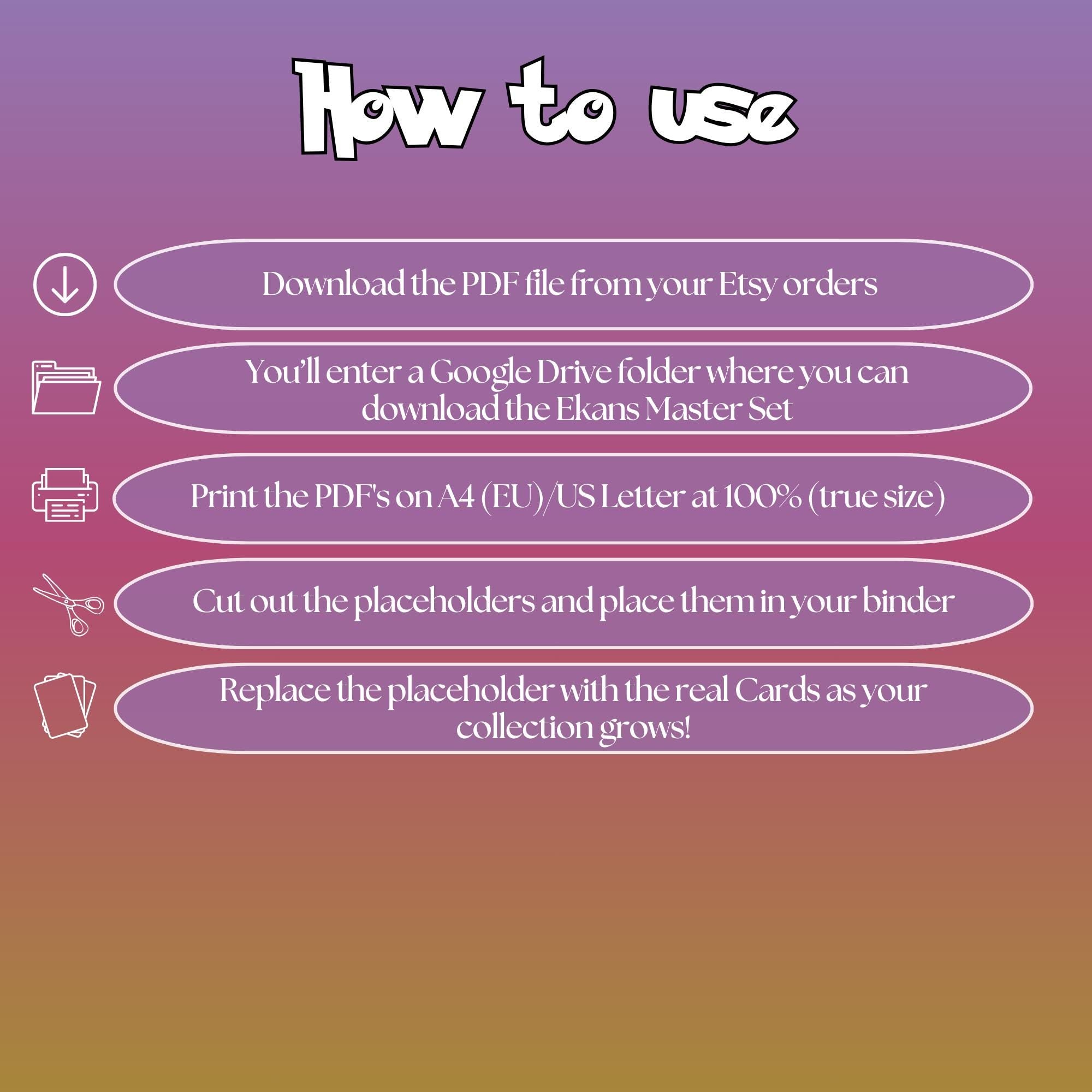 Ekans cards digital download instructions explaining how to print, cut, and place placeholders in a Pokémon binder.