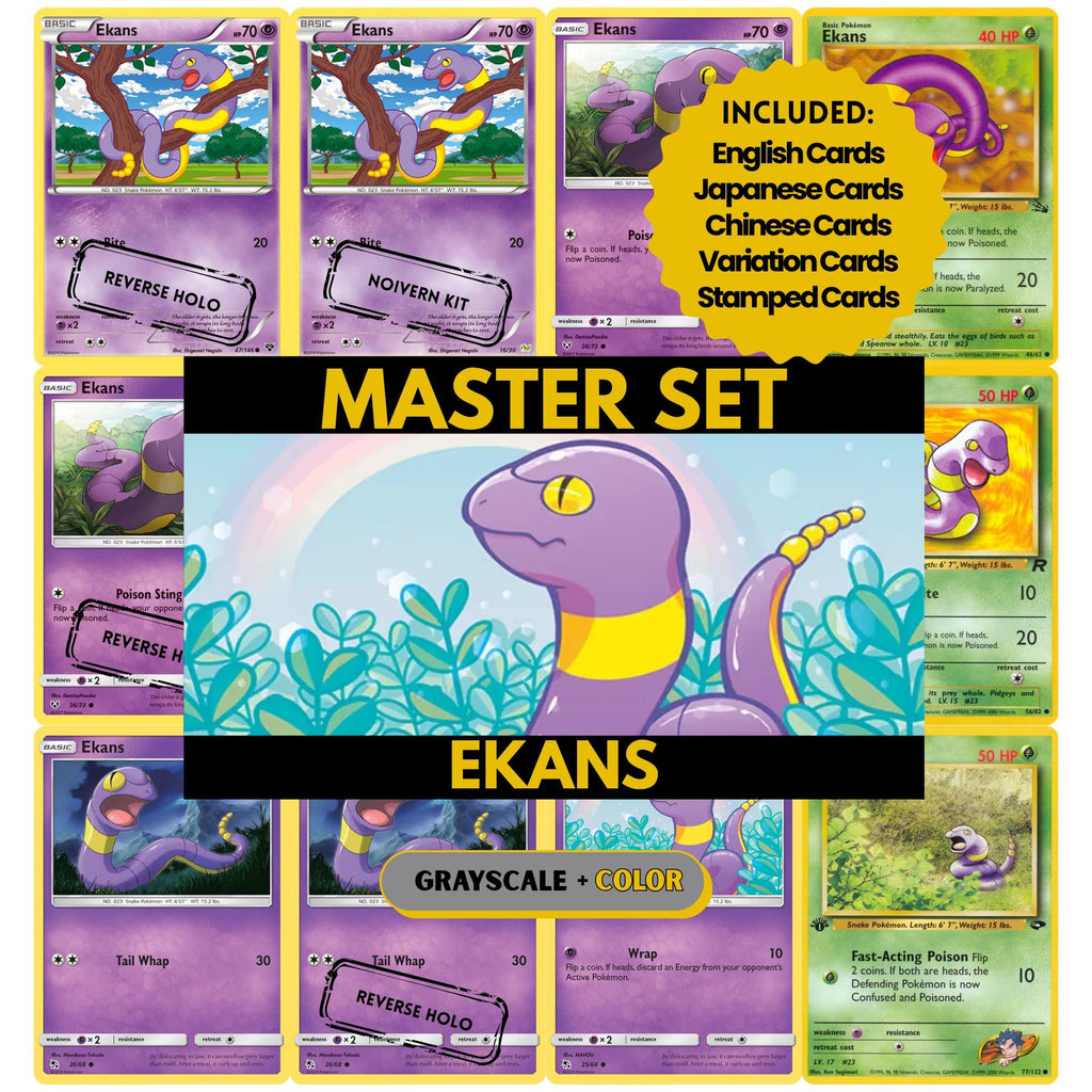 Ekans binder pages set showing grayscale and color Pokémon cards, designed as a digital download to complete a collector’s binder.