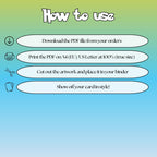 How to use instructions for printable Espeon extended binder art, showing steps for downloading, printing, cutting and inserting the artwork to your binder.