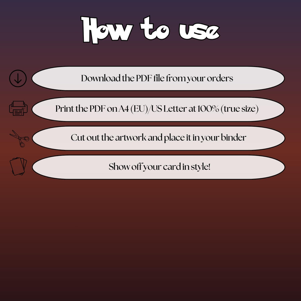 How to use instructions for printable Mew extended binder art, showing steps for downloading, printing, cutting and inserting the artwork to your binder.