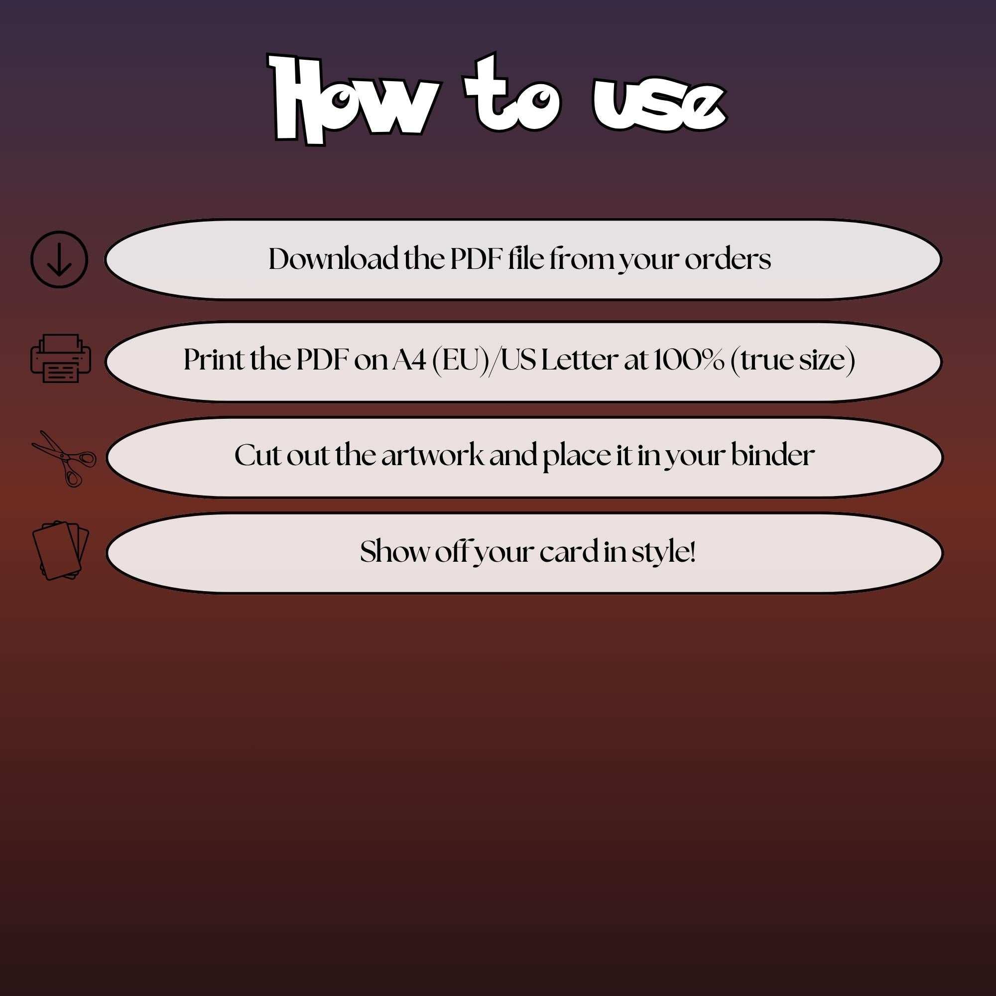 How to use instructions for printable Mew extended binder art, showing steps for downloading, printing, cutting and inserting the artwork to your binder.